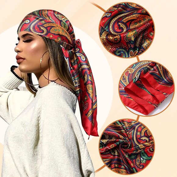 35 Inch Silk Head Scarf 2 Pcs Paisley(blue/Red) - Picture 3 of 6